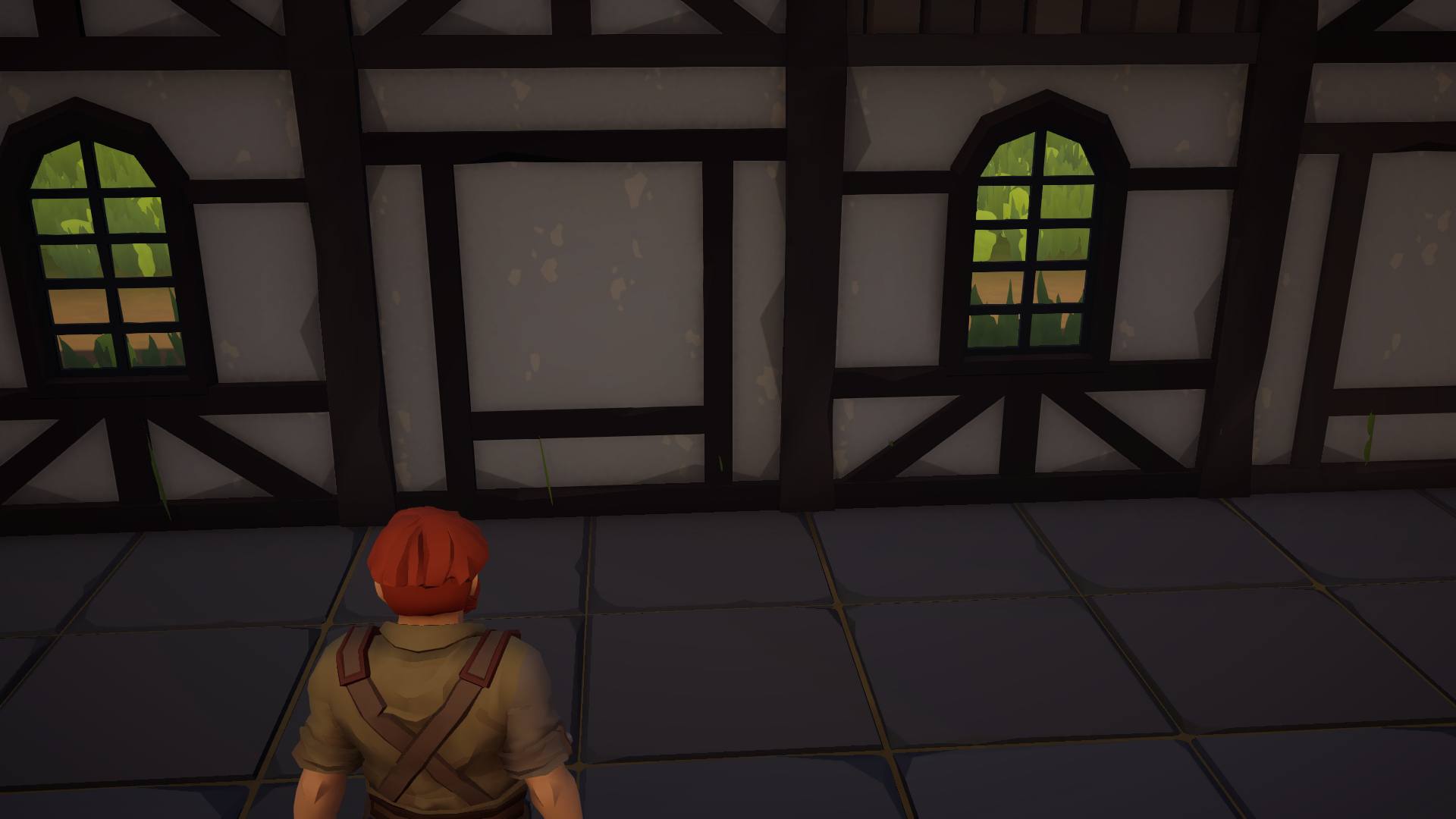 A keeper with red hair facing a timbered wall and arched windows on a flagstone floor