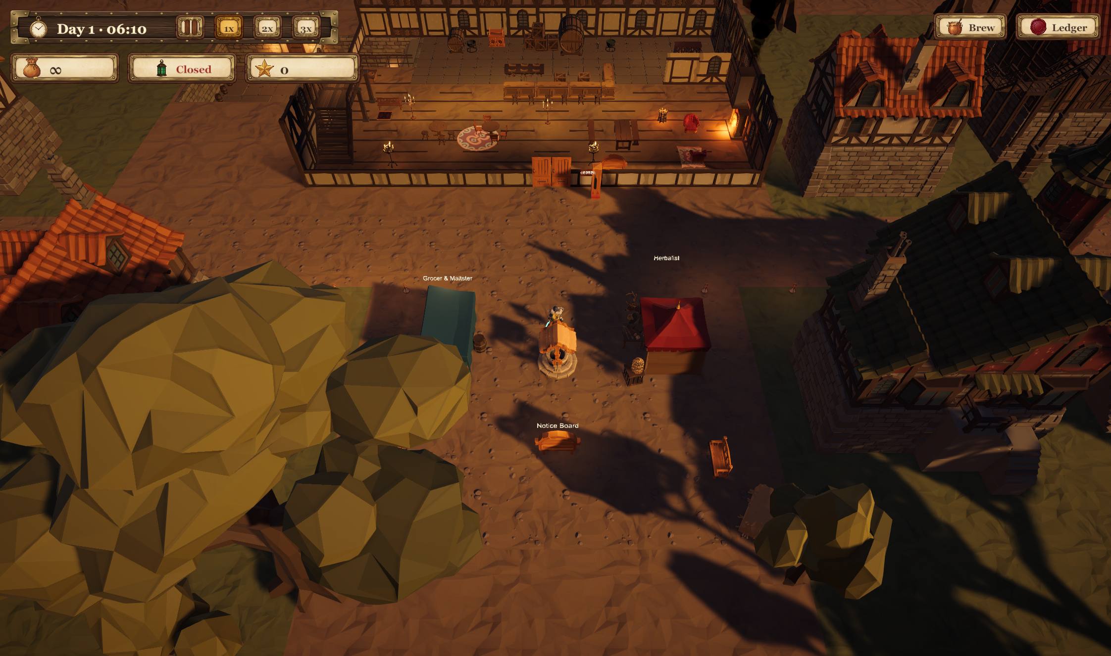 The town square from above at dawn, the tavern at the top with market stalls and trees below